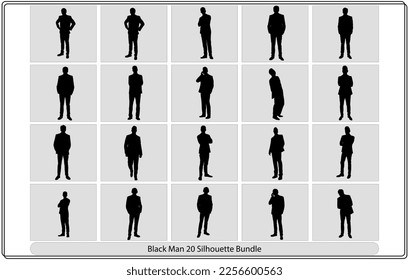 Black man silhouettes set in various poses. Flat vector illustrations. Group of business people. Lawyer, teacher, sales manager, boss, politician, broker

