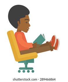 A black man sit down with a book in his hand reading for business market strategy. A Contemporary style. Vector flat design illustration isolated white background. Square layout.