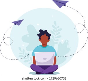 Black man sitting with laptop. Freelance, online studying, remote work concept. Vector illustration in a flat style.