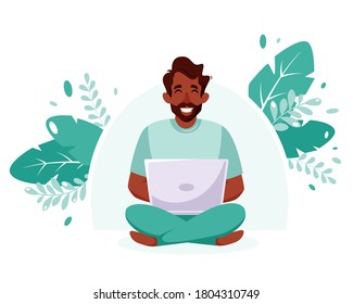Black man sitting with laptop. Freelance, online studying, work from home anywhere. Vector illustration