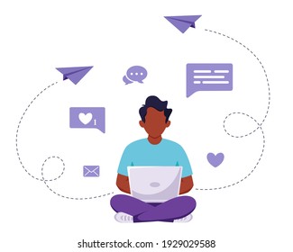 Black man sitting with laptop. Freelance, online studying, remote work concept. Vector illustration