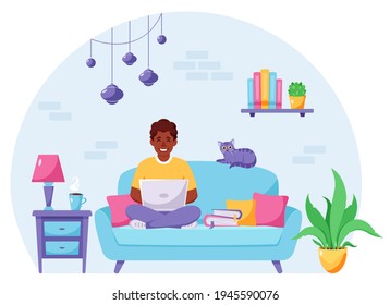 Black man sitting on a sofa and working on laptop. Freelancer, home office concept. Vector illustration