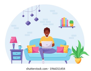 Black man sitting on a sofa and working on laptop. Freelancer, home office concept. Vector illustration