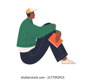 Black man sitting with paper book in hand. Literature fan, reader reading, relaxing, dreaming, thinking at leisure time. Young guy with novel. Flat vector illustration isolated on white background