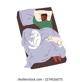 Black man sleeping in bed with cute cats. Person asleep alone, lying on belly. Guy dreaming on pillow under blanket, relaxing with pets. Flat graphic vector illustration isolated on white background