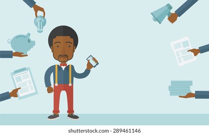 Black Man with smartphone in hand has a lot of of task and paperwork suitable for time management business concept. A Contemporary style with pastel palette, soft blue tinted background. Vector flat