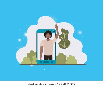 black man in smartphone on landscape