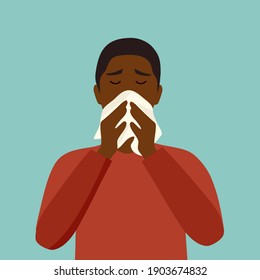 Black Man Sneezing In Handkerchief In Flat Design. African Guy Blowing. Sick Man Sneeze From Flu Or Cold. Season Allergy.