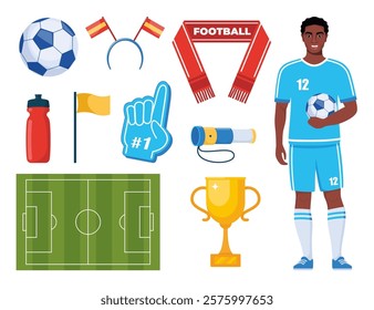 Black man soccer player and football attributes. Soccer cheer accessories. Football match, competition, championship. Set of elements for soccer, football sport event.