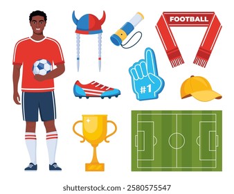 Black man soccer player and football attributes. Soccer cheer accessories. Football match, competition, championship. Set of elements for soccer, football sport event.