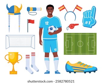 Black man soccer player and football attributes. Soccer cheer accessories. Football match, competition, championship. Set of elements for soccer, football sport event.