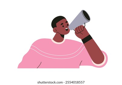 Black man speaking with megaphone for announcement, information, statement, communication. Happy speaker character with bullhorn, loudspeaker. Flat vector illustration isolated on white background