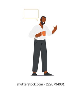 Black Man Stand with Cup and Speech Bubble. Businessman, Clerk, Manager Character Brainstorm, Coffee Break, Gossips. Employee Discussion, Communication in Office. Cartoon People Vector Illustration