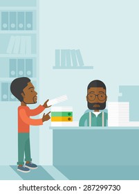 A black man standing giving a paper work to do to black man sitting, stressful man in office with stack of paper on his desk. Business concept in overload work and very busy. A contemporary style with