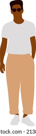 Black man standing in glasses, white t-shirt and beige pants