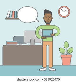 A black man standing in office and pointing at the laptop. Vector line design illustration. Square layout.