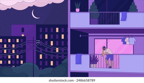 Black man standing on balcony late night lofi wallpaper. Enjoying evening city introvert 2D cartoon flat illustration. Love being at home alone chill vector art, lo fi aesthetic colorful background