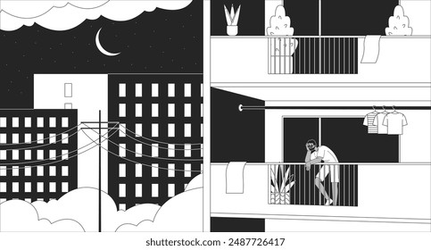 Black man standing on balcony late night black and white lofi wallpaper. Enjoys evening city introvert 2D outline cartoon flat illustration. Being at home alone vector line lo fi aesthetic background