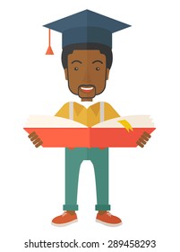 A black man standing and reading  a book, wearing graduation cap, representing to be graduated in studying or finished school or university. A Contemporary style. Vector flat design illustration