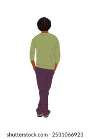 Black Man Standing Rear View. African american Male cartoon Character Wearing casual, formal Clothes turned Back. Colorful vector illustration isolated on white Background.