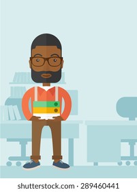 Un hombre negro parado mientras sostiene archivos de libros listos para su presentación de negocios.  Concepto de planificación. Un estilo contemporáneo con una paleta pastel y un suave fondo azul tintado. Diseño plano vectorial