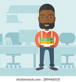 A Black man standing while holding book files ready for his business presentation.  Planning concept. A Contemporary style with pastel palette, soft blue tinted background. Vector flat design