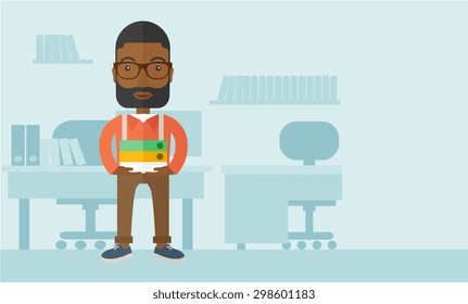 A Black man standing while holding book files ready for his business presentation.  Planning concept. A Contemporary style with pastel palette, soft blue tinted background. Vector flat design