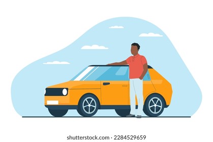 A black man stands by his car with his hand on its roof. Concept for insurance companies or car dealers. Vector illustration.