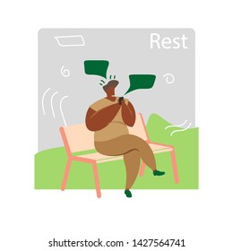 Black Man Stay Connected sit Park. Social Network Landing Page Template. Young Man Flat Characters Chatting Using Smartphone Website or Web Page. Virtual Communication Concept Vector Flat illustration