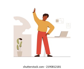 Black Man stretching and enjoyes break from job. Male Employee doing exercises during work day. Sport activities on the workplace concept. Vector illustration