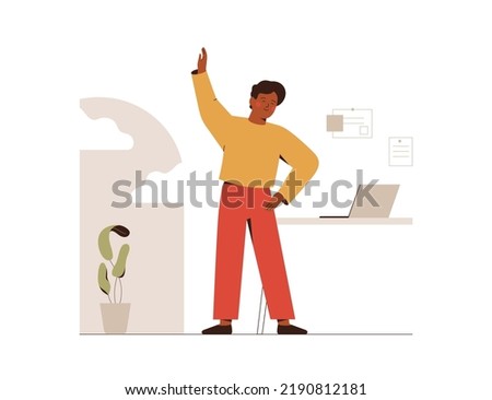 Black Man stretching and enjoyes break from job. Male Employee doing exercises during work day. Sport activities on the workplace concept. Vector illustration