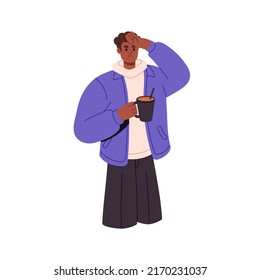 Black man suffering from headache, cold. Sick person feeling bad, unwell, holding hot drink, tea cup. Guy with flu and high temperature. Flat graphic vector illustration isolated on white background