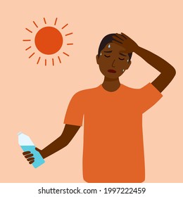 Black man suffering from heat and sweaty dehydration from strong sunlight. African guy holding a bottle of water in flat design. Hot climate in summer.