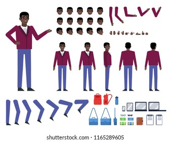 Black man in suit creation kit. Create your own action, pose, animation. Various design elements, gestures, avatars. Flat design vector illustration