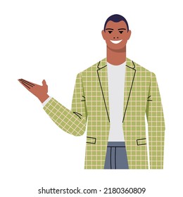 Un hombre negro con traje está haciendo gestos con su mano para representar algo. Un empresario elegante y confiado presenta, demuestra. Retrato de caracter sonriente aislado en fondo blanco. Vector plano.