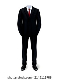 Black man suit put on invisible mannequin or male figure on white background realistic vector illustration