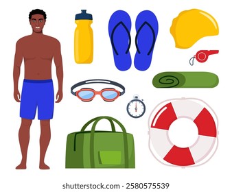 Black man in swimsuit. Swimming equipment for swimming training. Swimsuit, goggles, flippers, swim cap, water bottle, towel, stopwatch, whistle sport bag