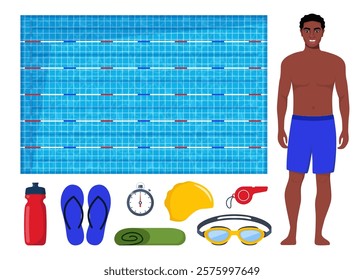 Black man in swimsuit. Swimming pool and equipment for swimming training. Swimsuit, goggles, flippers, swim cap, water bottle, towel, stopwatch, whistle, sport bag.