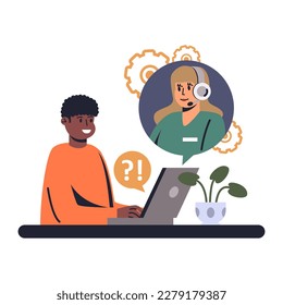 Black man talking with call center operator online. Hotline operator helping customer. Online personal assistant. Customer support department staff. Vector