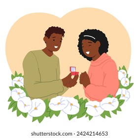 Black Man Tenderly Offers A Radiant Engagement Ring With Trembling Hands to Happy Woman Inside of Blooming Floral Frame. Loving Couple Getting Engaged in Summer Garden. Cartoon Vector Illustration