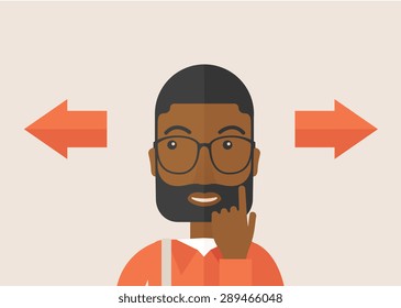 Black man thinking which way to go left or right arrows. Choosing concept.  A Contemporary style with pastel palette, soft pink tinted background. Vector flat design illustration. Horizontal layout.