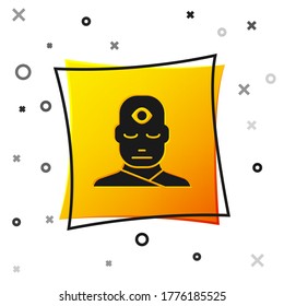 Black Man with third eye icon isolated on white background. The concept of meditation, vision of energy, aura. Yellow square button. Vector Illustration