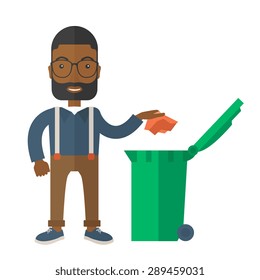 A black man throwing a crumpled paper in a green garbage bin. A Contemporary style. Vector flat design illustration isolated white background. Square layout.