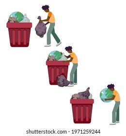 Black man throwing garbage in a dumpster found there our Earth and hugging our planet in Flat design style, saving the Earth for prints, booklets, elements of design for apps, social media, websites.