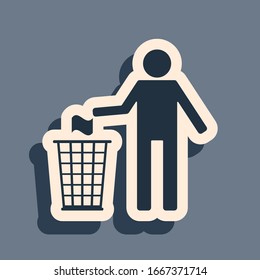 Black Man throwing trash into dust bin icon isolated on grey background. Recycle symbol. Long shadow style. Vector Illustration
