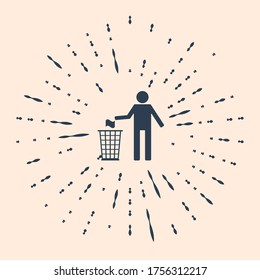 Black Man throwing trash into dust bin icon isolated on beige background. Recycle symbol. Abstract circle random dots. Vector Illustration