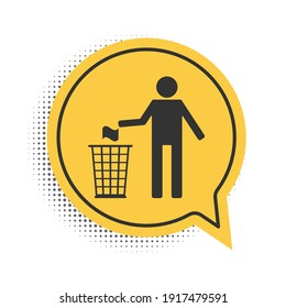 Black Man throwing trash into dust bin icon isolated on white background. Recycle symbol. Yellow speech bubble symbol. Vector.