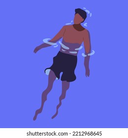 Black Man In Trunks Floating In Water. Person Swimmer Swimming On Back, Relaxing On Summer Vacation, Above View. African-American Guy In Shorts At Sea Resort. Flat Vector Illustration