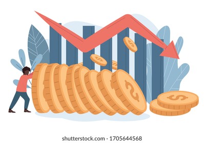 Black man trying to prop up a stack of gold coins under a red arrow showing a loosing streak plummeting downwards in a financial concept, vector illustration
