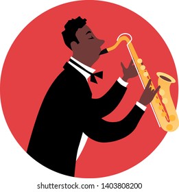 Black man in tuxedo playing a saxophone, EPS 8 vector illustration	
